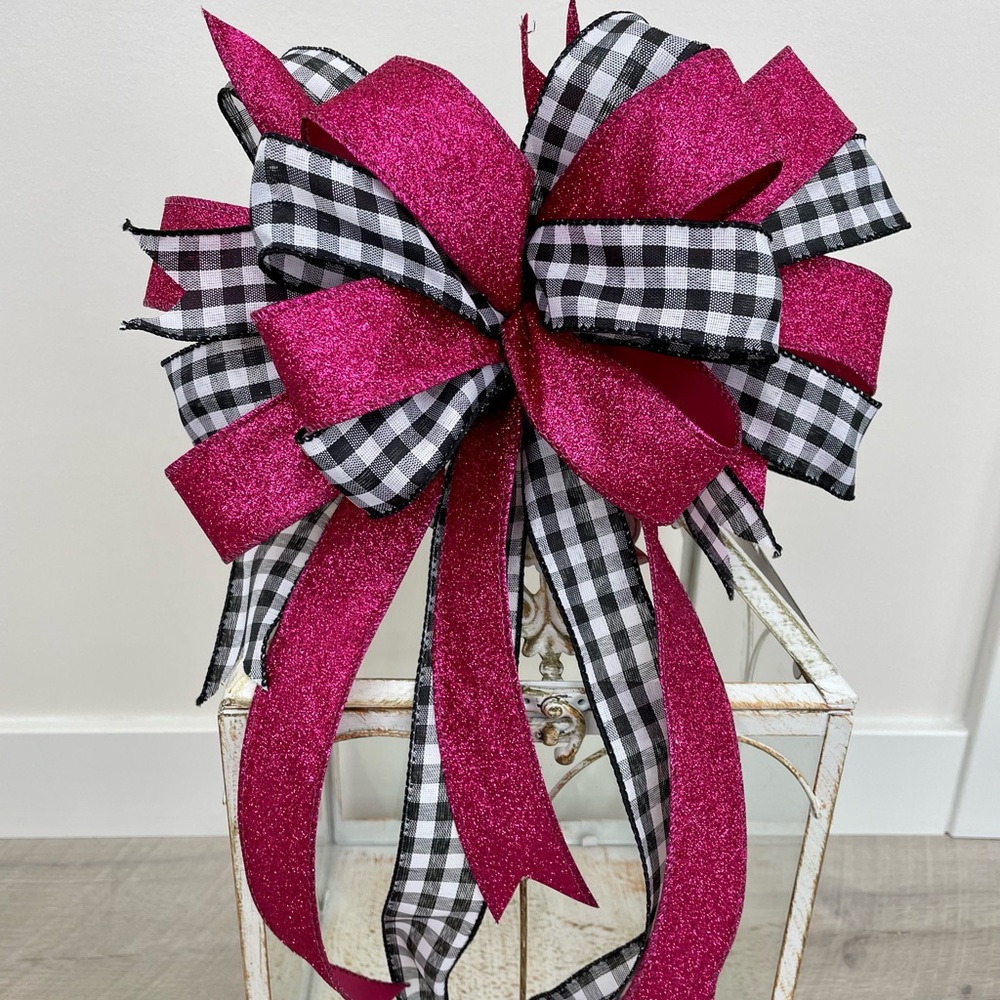 Handmade Pink checkered Valentines Bow, Pink Valentines Bow for Wreath